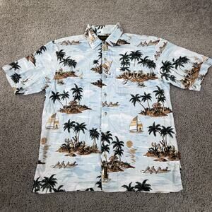 Timberland Shirt Mens Medium Blue Hawaiian Sailboat Short Sleeve Button Up